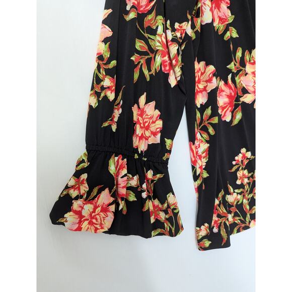 Susan Graver Black Red Floral Off The Shoulder Blouse Size XL Long Flare Sleeves - Picture 3 of 10